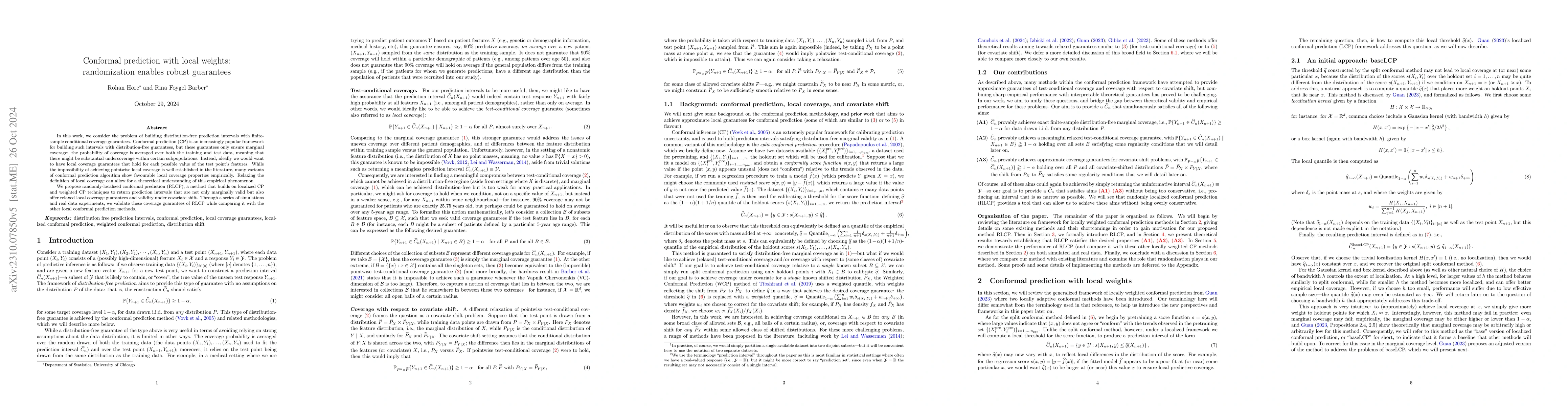 Thumbnail for Conformal prediction with local weights: randomization enables local
  guarantees