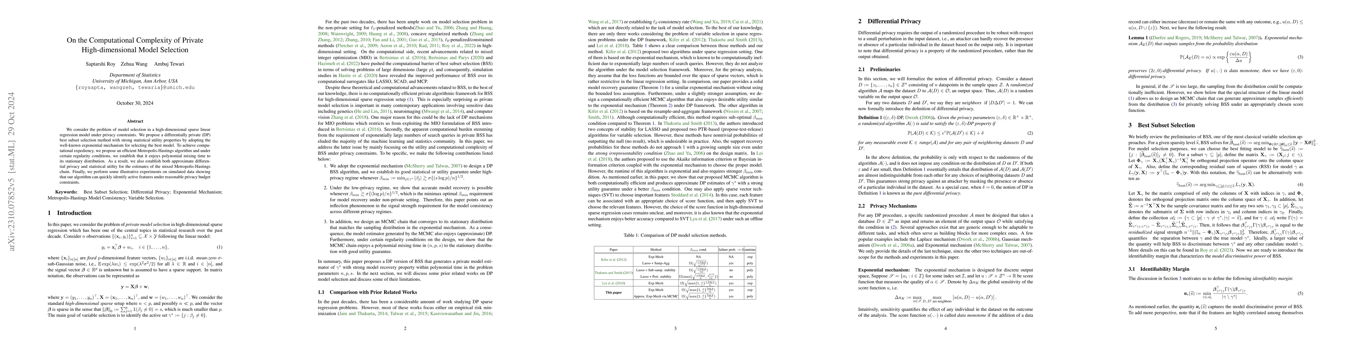 Thumbnail for On the Computational Complexity of Private High-dimensional Model
  Selection