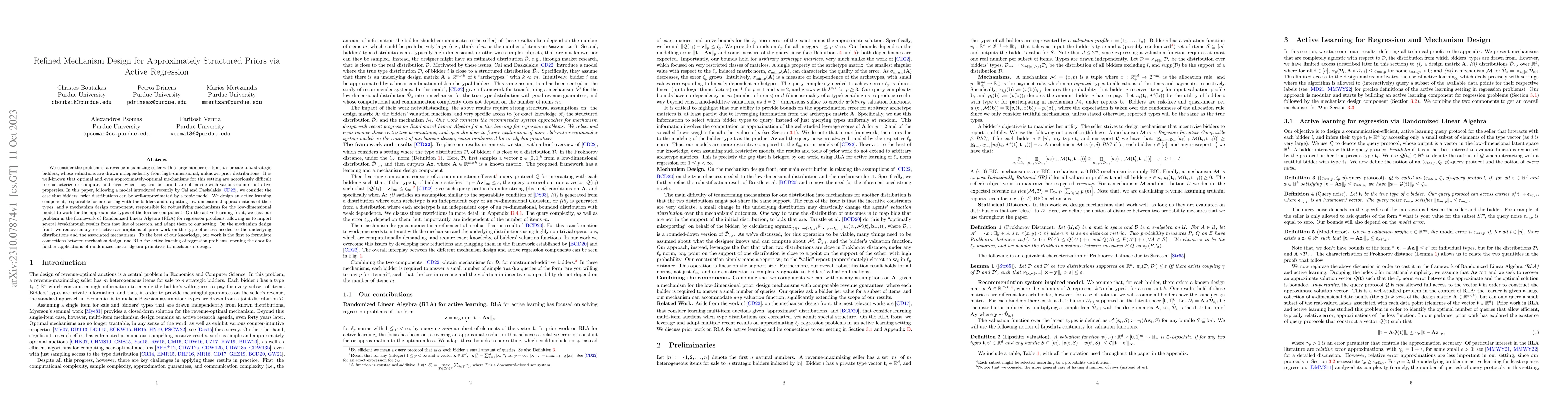 Thumbnail for Refined Mechanism Design for Approximately Structured Priors via Active
  Regression