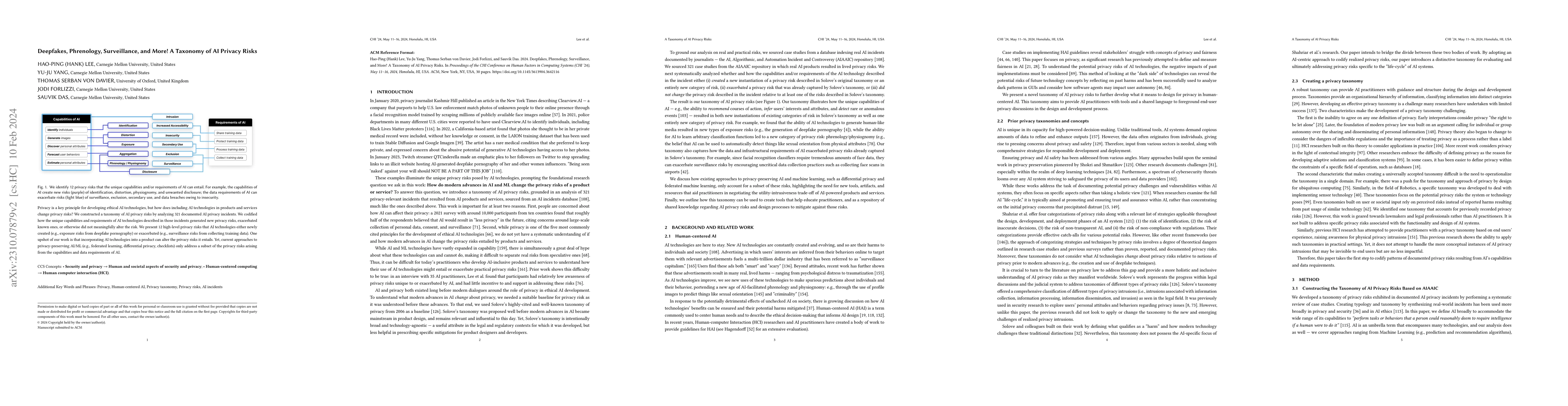 Thumbnail for Deepfakes, Phrenology, Surveillance, and More! A Taxonomy of AI Privacy
  Risks