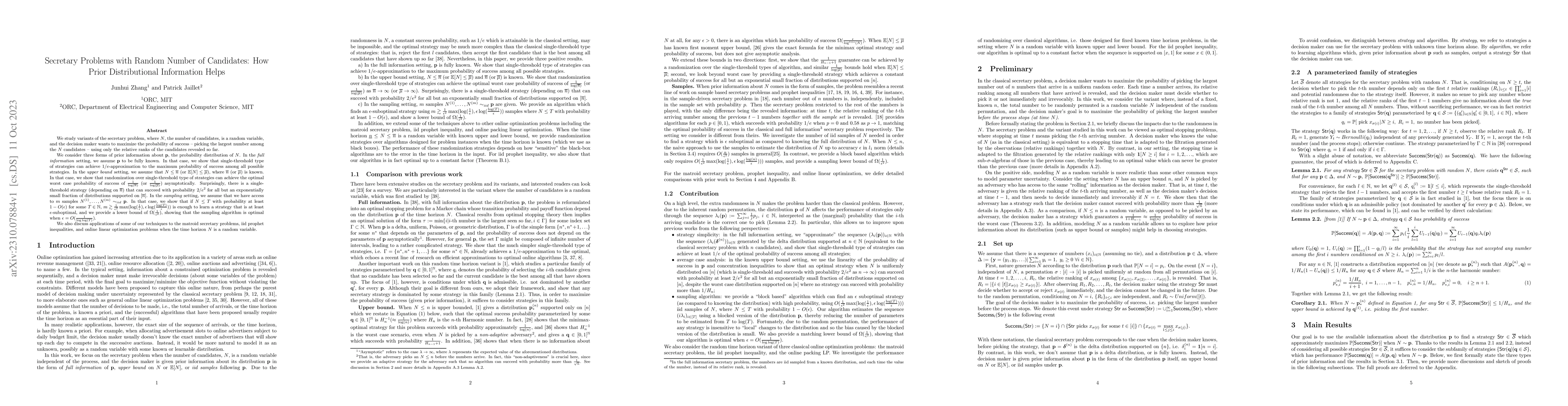 Thumbnail for Secretary Problems with Random Number of Candidates: How Prior
  Distributional Information Helps