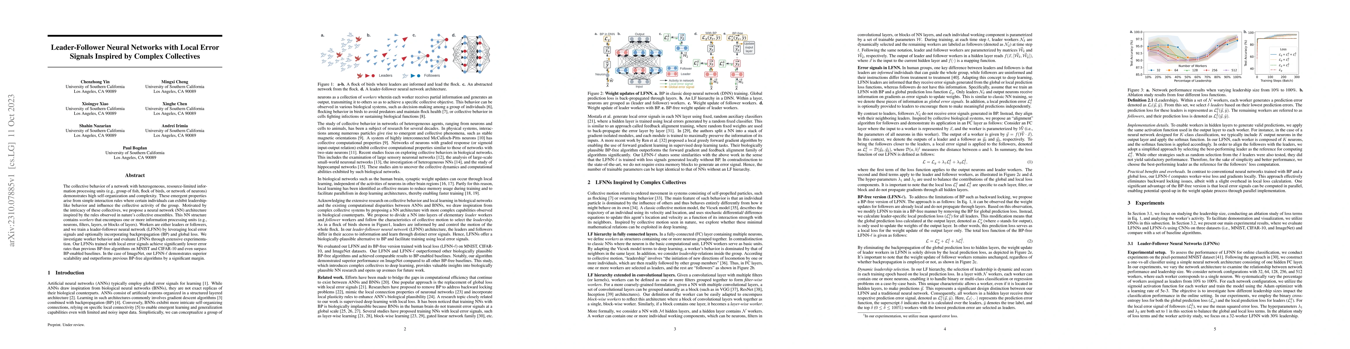 Thumbnail for Leader-Follower Neural Networks with Local Error Signals Inspired by
  Complex Collectives