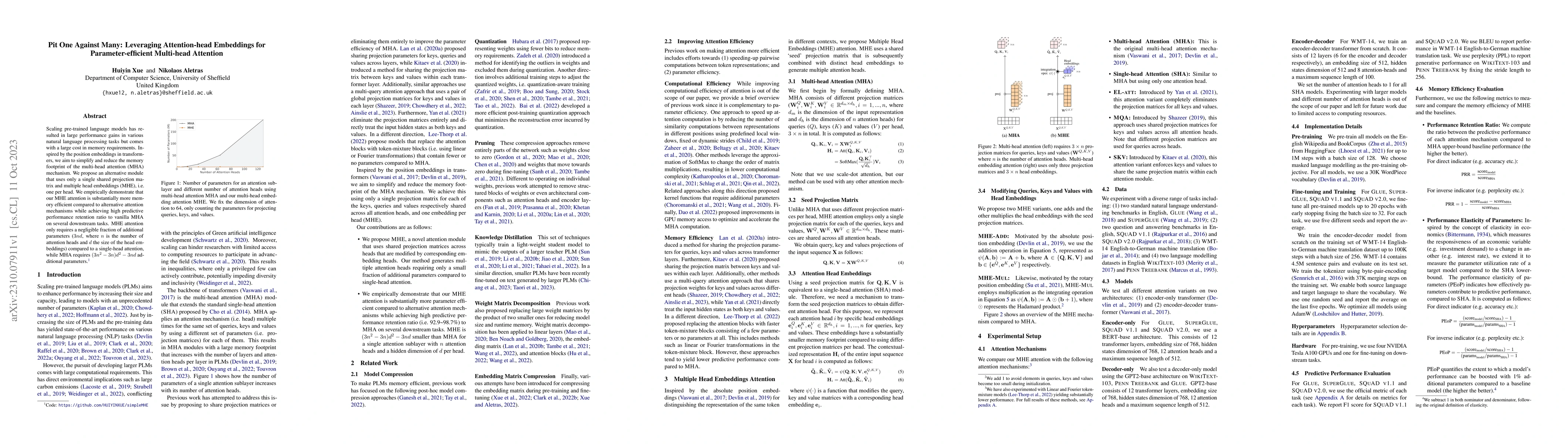 Thumbnail for Pit One Against Many: Leveraging Attention-head Embeddings for
  Parameter-efficient Multi-head Attention