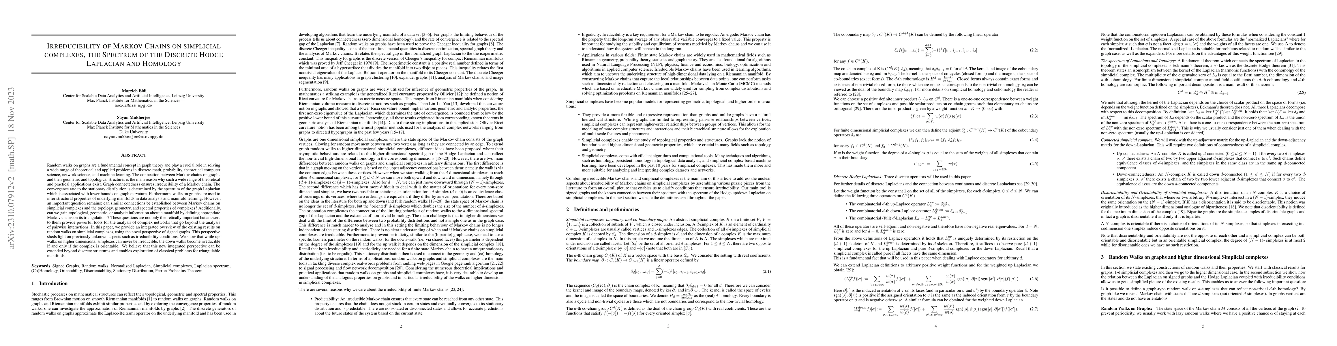 Thumbnail for Irreducibility of Markov Chains on simplicial complexes, the Spectrum of
  the Discrete Hodge Laplacian and Homology