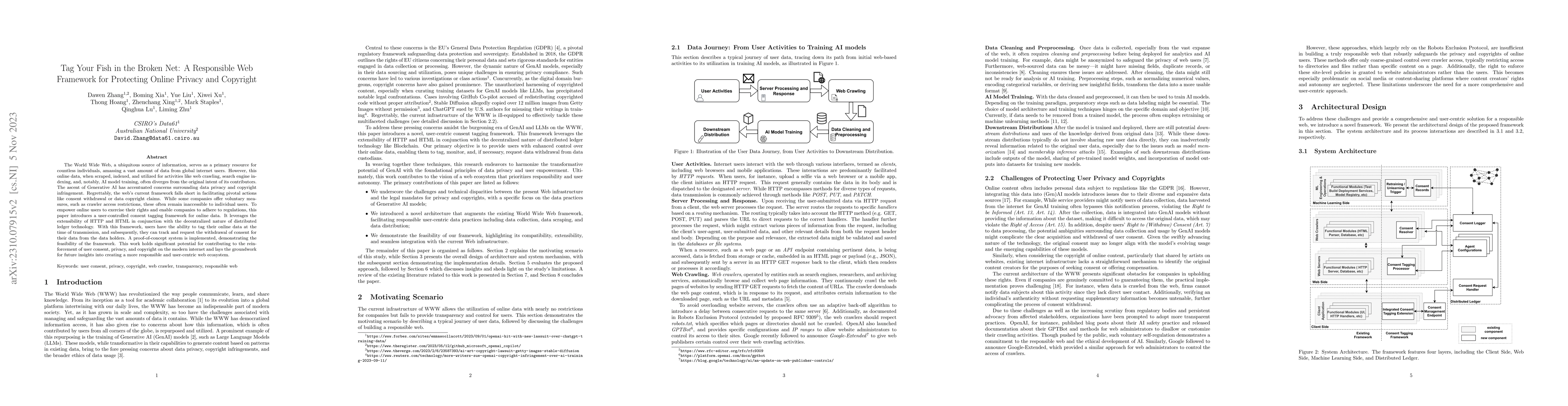 Thumbnail for Tag Your Fish in the Broken Net: A Responsible Web Framework for
  Protecting Online Privacy and Copyright