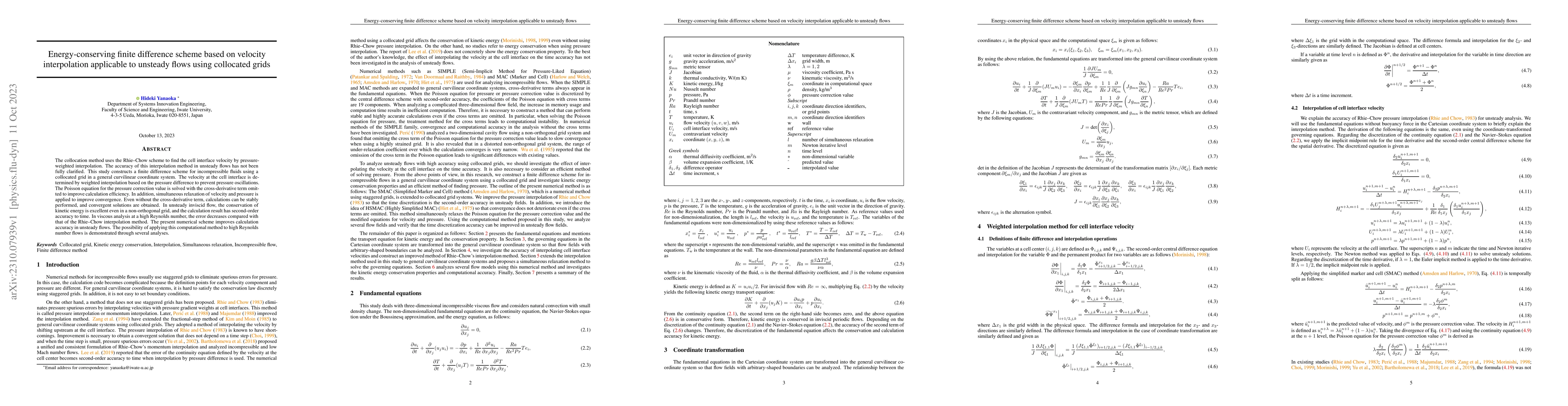 Thumbnail for Energy-conserving finite difference scheme based on velocity
  interpolation applicable to unsteady flows using collocated grids