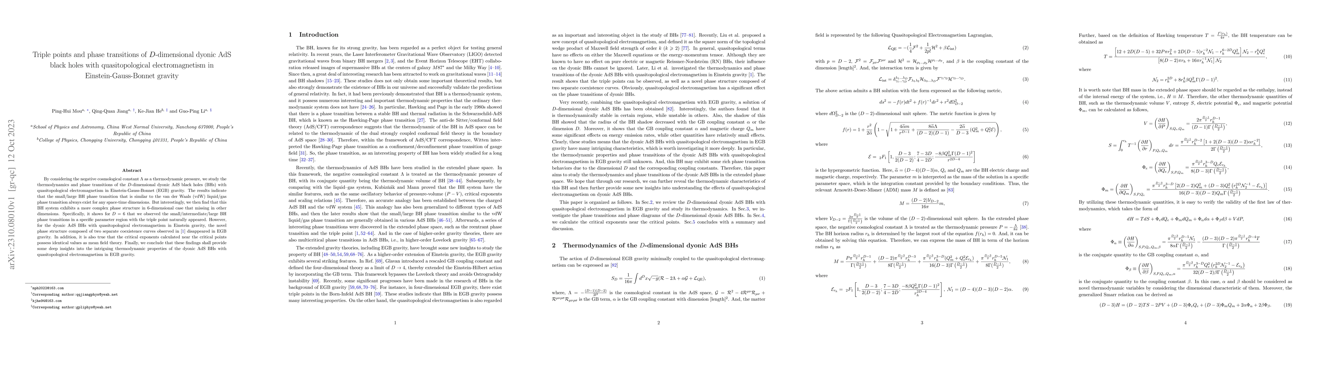 Thumbnail for Triple points and phase transitions of D-dimensional dyonic AdS black
  holes with quasitopological electromagnetism in Einstein-Gauss-Bonnet gravity