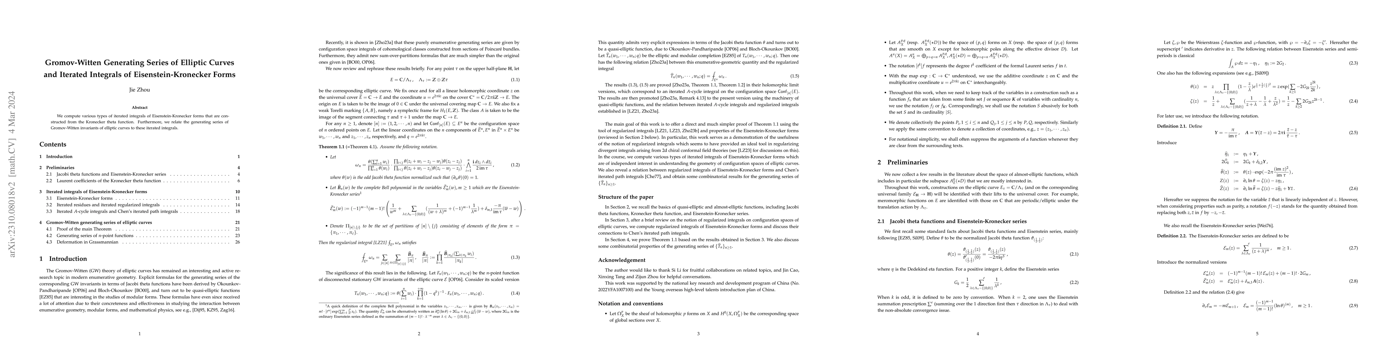 Thumbnail for Gromov-Witten Generating Series of Elliptic Curves and Iterated
  Integrals of Eisenstein-Kronecker Forms