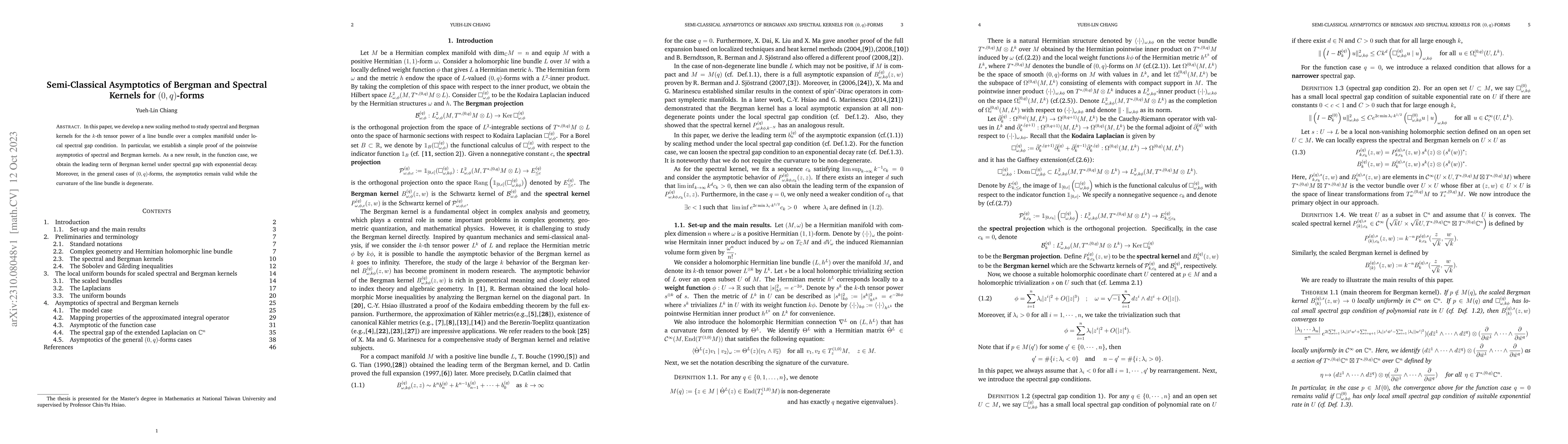 Thumbnail for Semi-Classical Asymptotics of Bergman and Spectral Kernels for
  (0,q)-forms