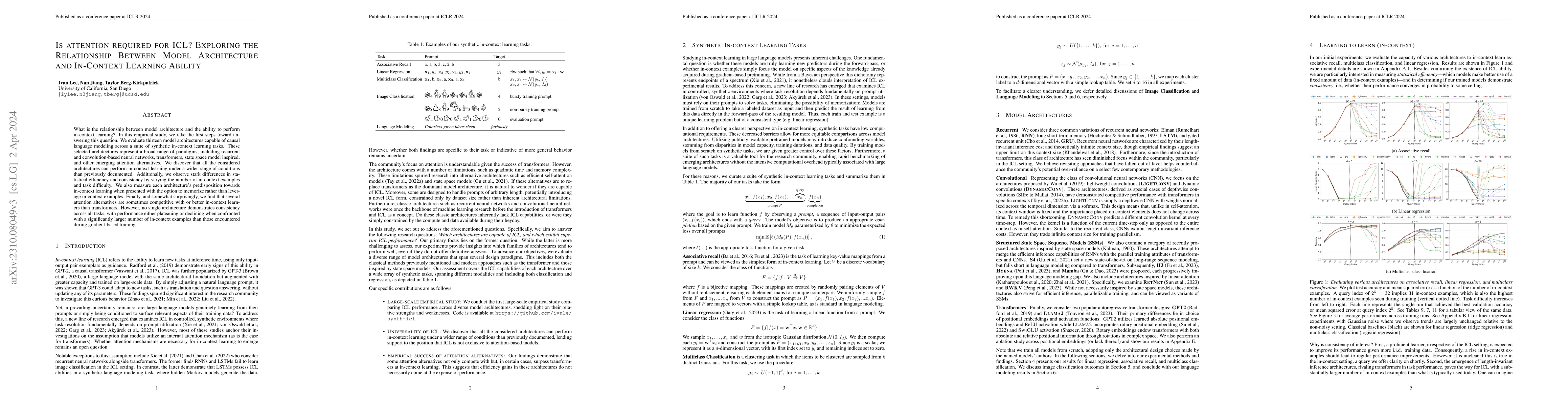 Thumbnail for Is attention required for ICL? Exploring the Relationship Between Model
  Architecture and In-Context Learning Ability