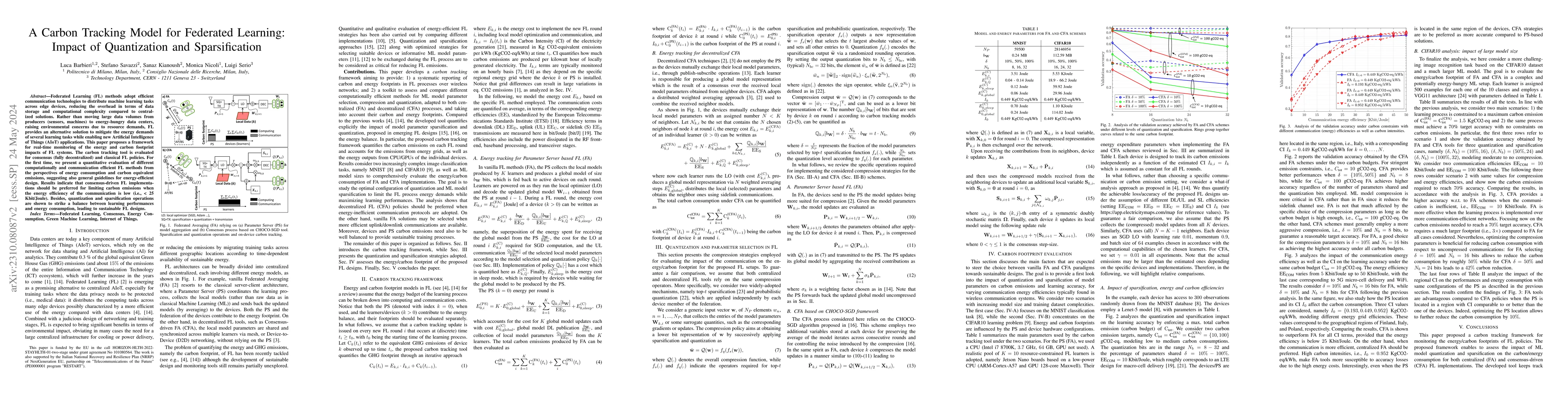Thumbnail for A Carbon Tracking Model for Federated Learning: Impact of Quantization
  and Sparsification