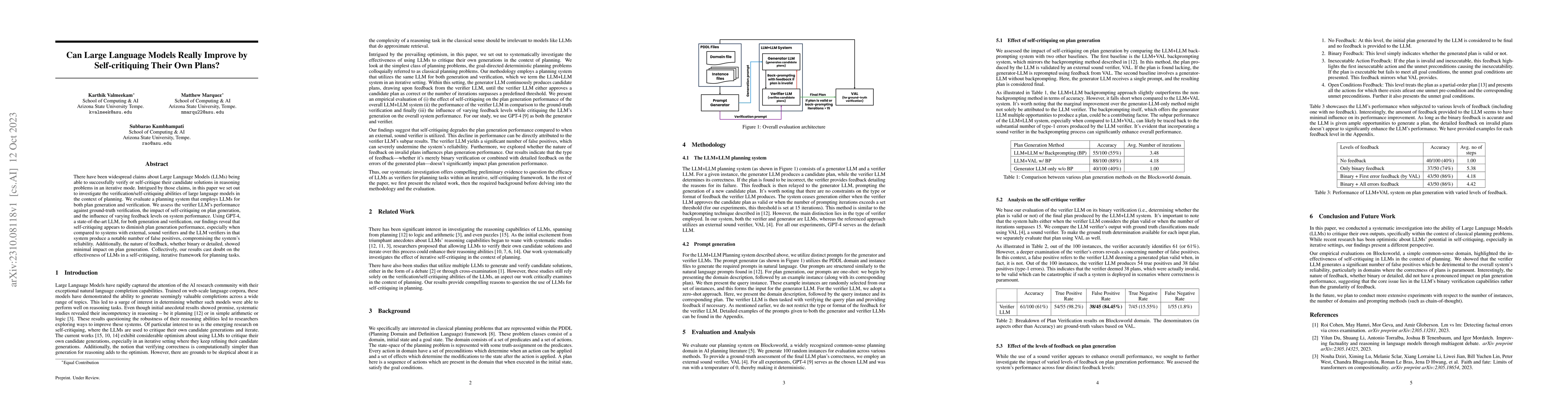 Thumbnail for Can Large Language Models Really Improve by Self-critiquing Their Own
  Plans?