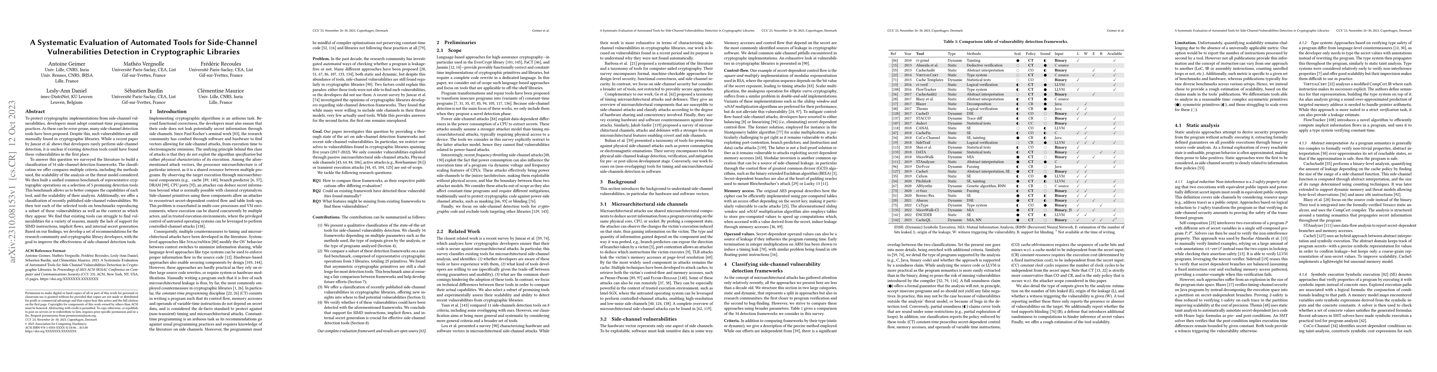 Thumbnail for A Systematic Evaluation of Automated Tools for Side-Channel
  Vulnerabilities Detection in Cryptographic Libraries
