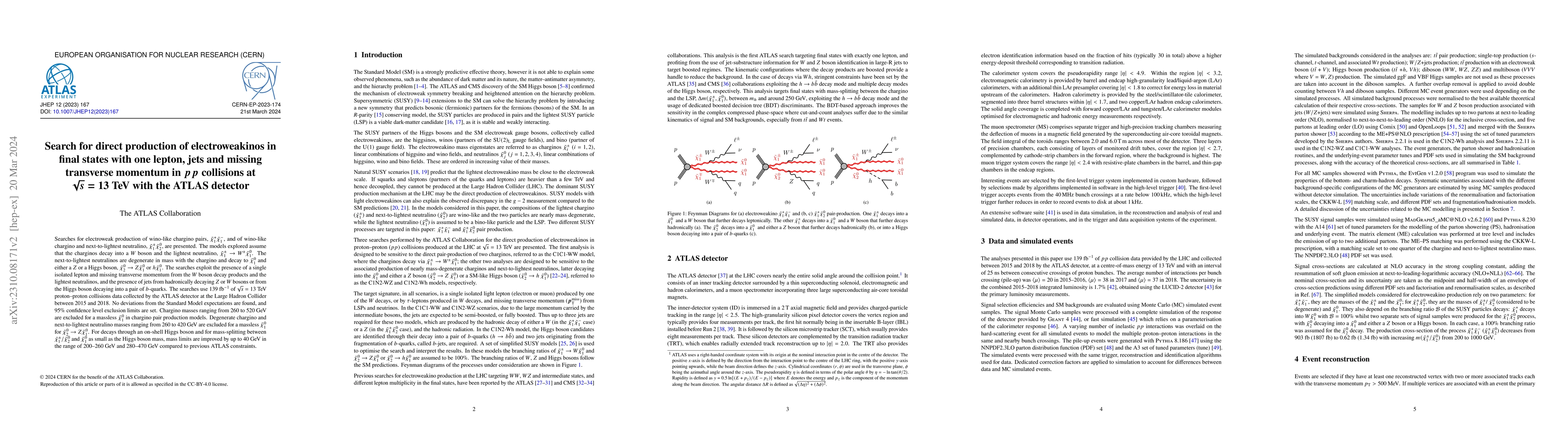 Thumbnail for Search for direct production of electroweakinos in final states with one
  lepton, jets and missing transverse momentum in pp collisions at
  $\sqrt{s}=13$ TeV with the ATLAS detector