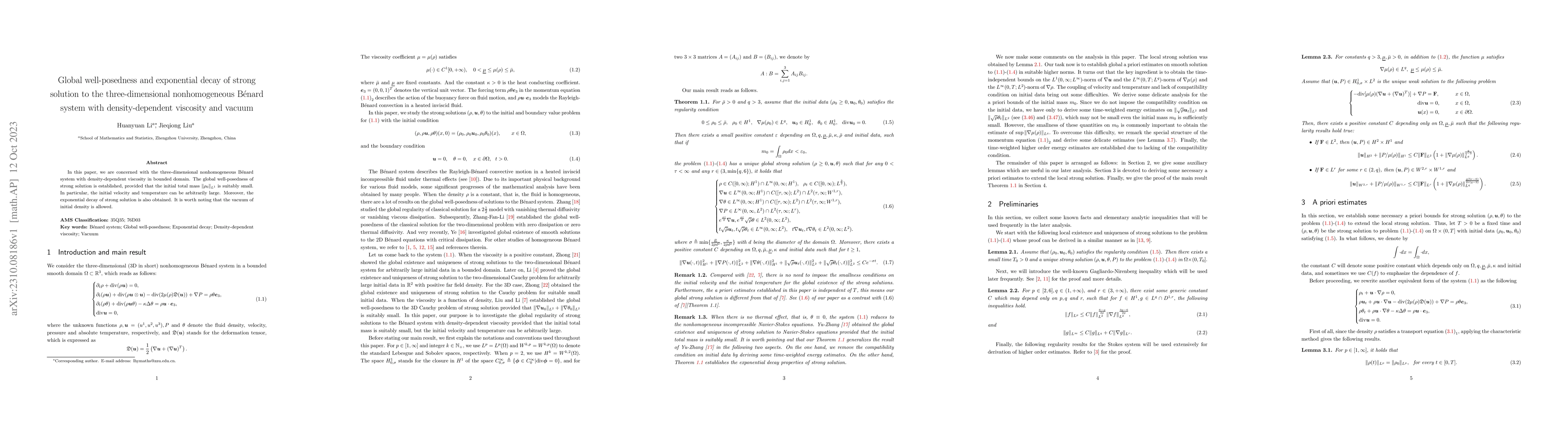 Thumbnail for Global well-posedness and exponential decay of strong solution to the
  three-dimensional nonhomogeneous B\'enard system with density-dependent
  viscosity and vacuum
