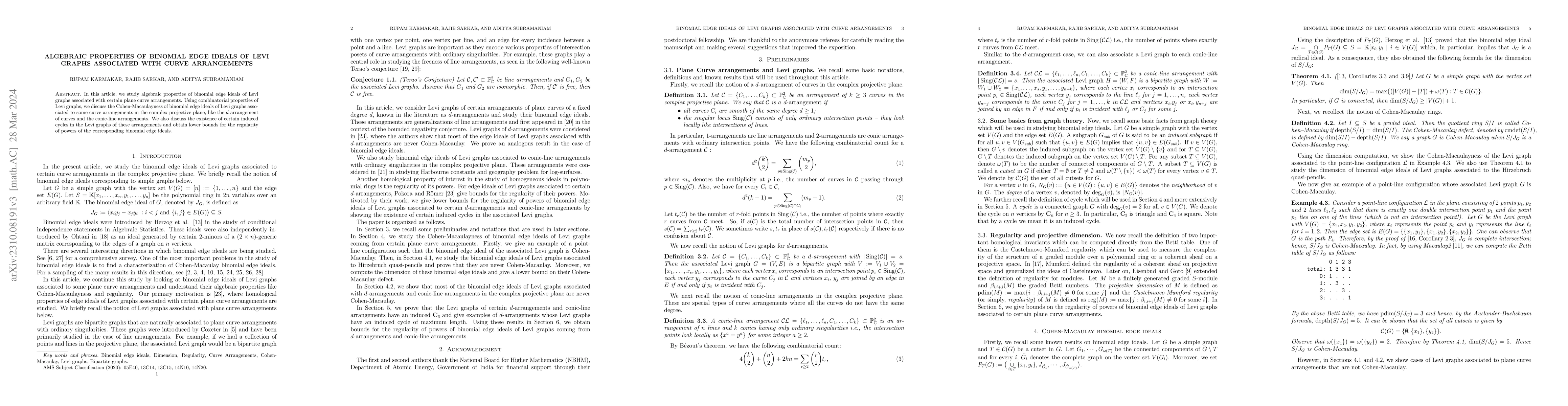 Thumbnail for Algebraic properties of binomial edge ideals of Levi graphs associated
  with curve arrangements