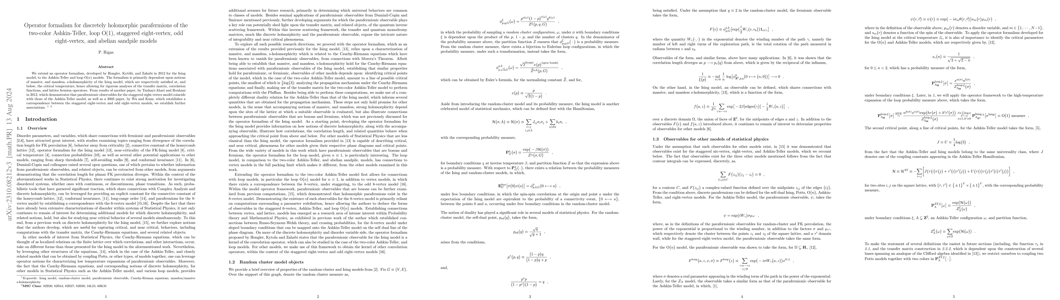 Thumbnail for Operator formalism for discretely holomorphic parafermions of the
  two-color Ashkin-Teller, loop $\mathrm{O} ( 1 )$, staggered eight-vertex, odd
  eight-vertex, and abelian sandpile models