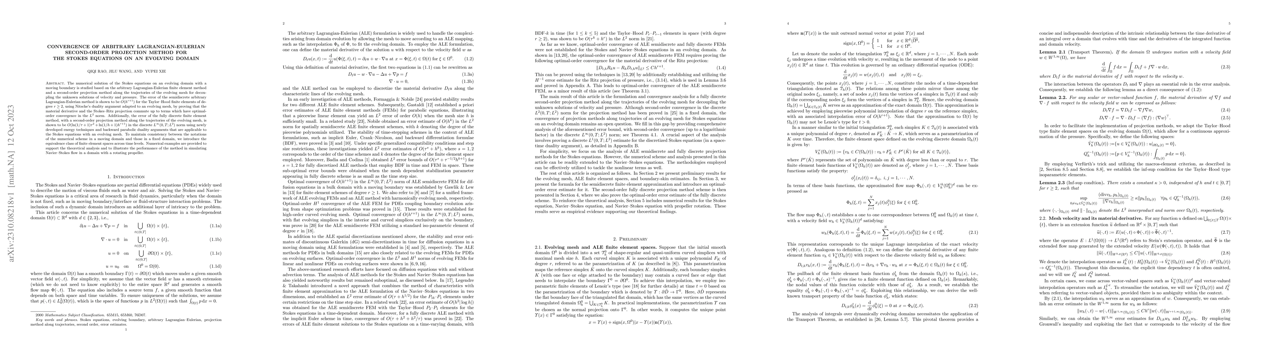 Thumbnail for Convergence of Arbitrary Lagrangian-Eulerian Second-order Projection
  Method for the Stokes Equations on an Evolving Domain