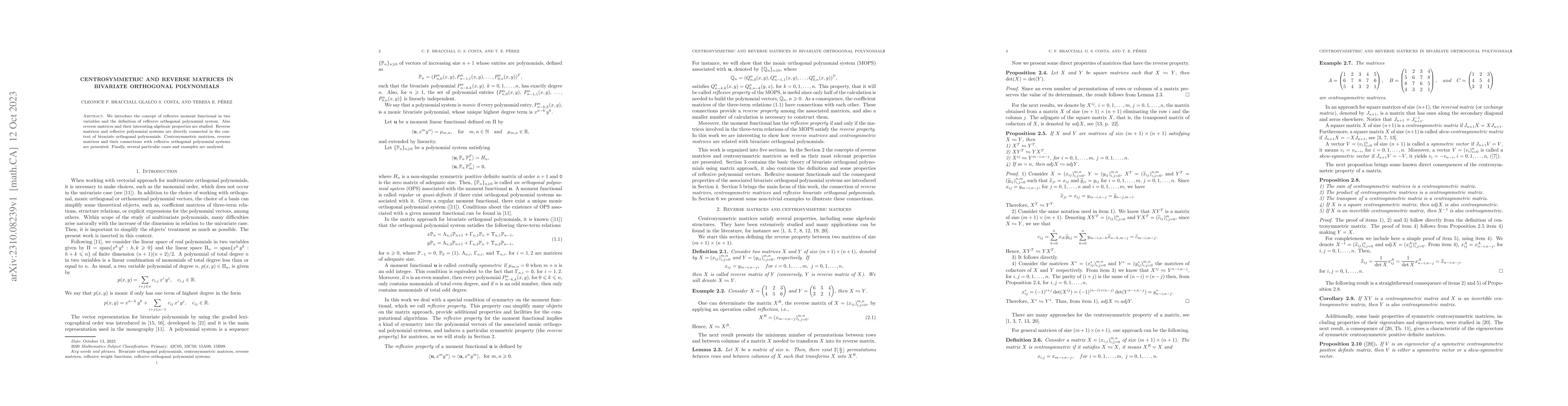 Thumbnail for Centrosymmetric and reverse matrices in bivariate orthogonal polynomials