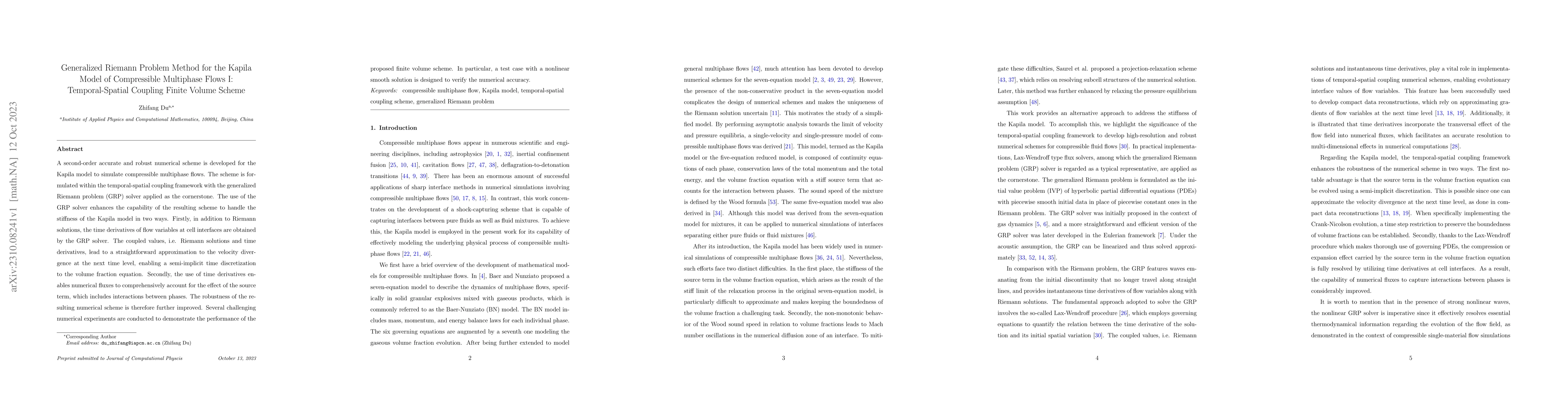 Thumbnail for Generalized Riemann Problem Method for the Kapila Model of Compressible
  Multiphase Flows I: Temporal-Spatial Coupling Finite Volume Scheme