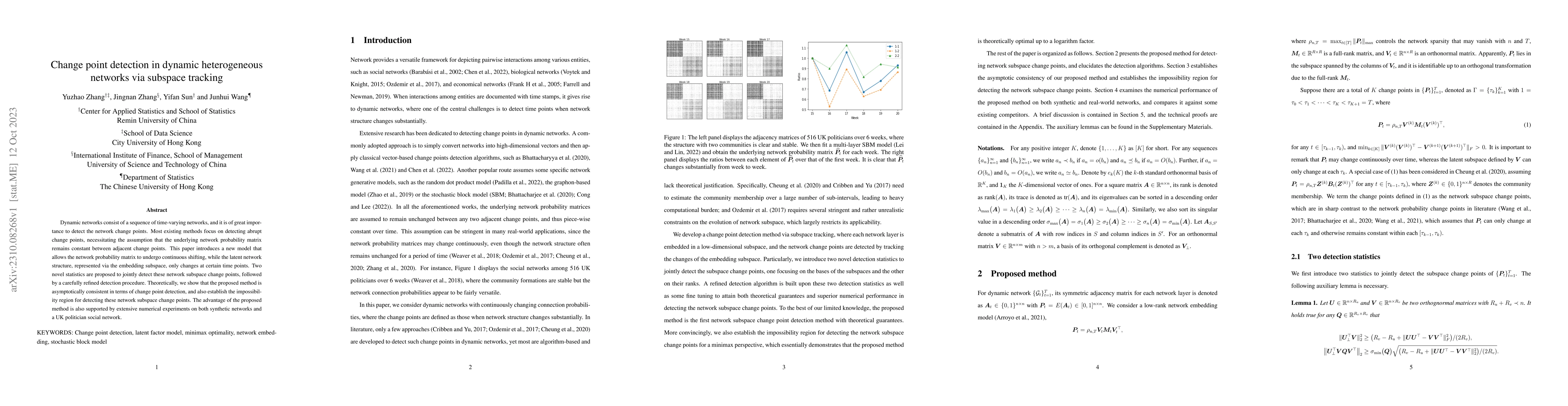 Thumbnail for Change point detection in dynamic heterogeneous networks via subspace
  tracking