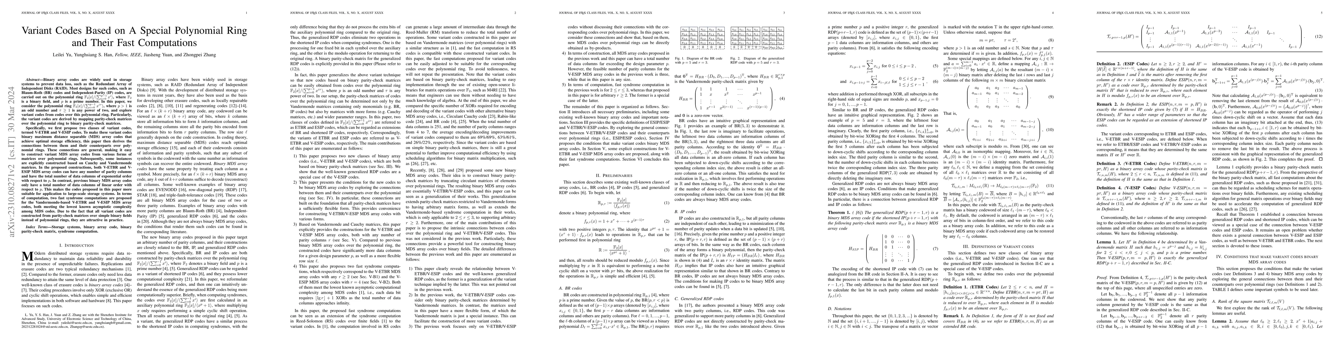 Thumbnail for Variant Codes Based on A Special Polynomial Ring and Their Fast
  Computations