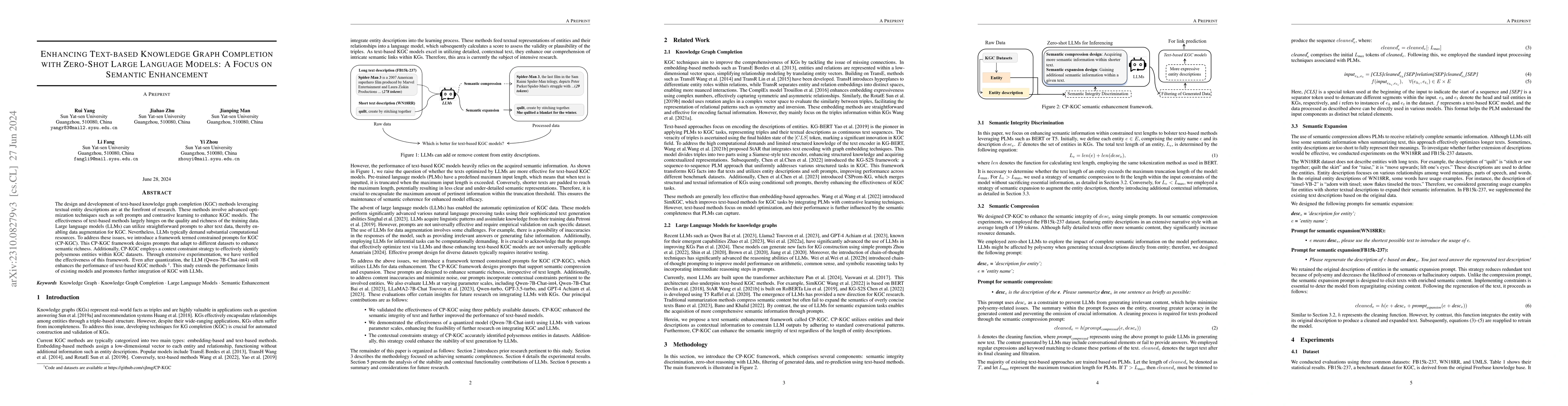 Thumbnail for Enhancing Text-based Knowledge Graph Completion with Zero-Shot Large
  Language Models: A Focus on Semantic Enhancement
