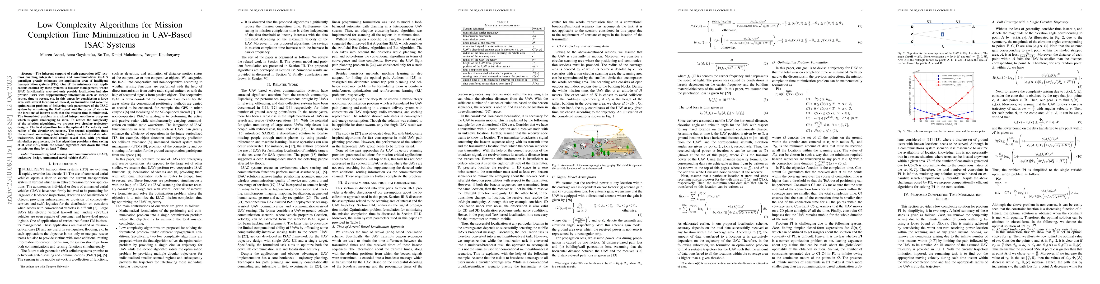 Thumbnail for Low Complexity Algorithms for Mission Completion Time Minimization in
  UAV-Based ISAC Systems