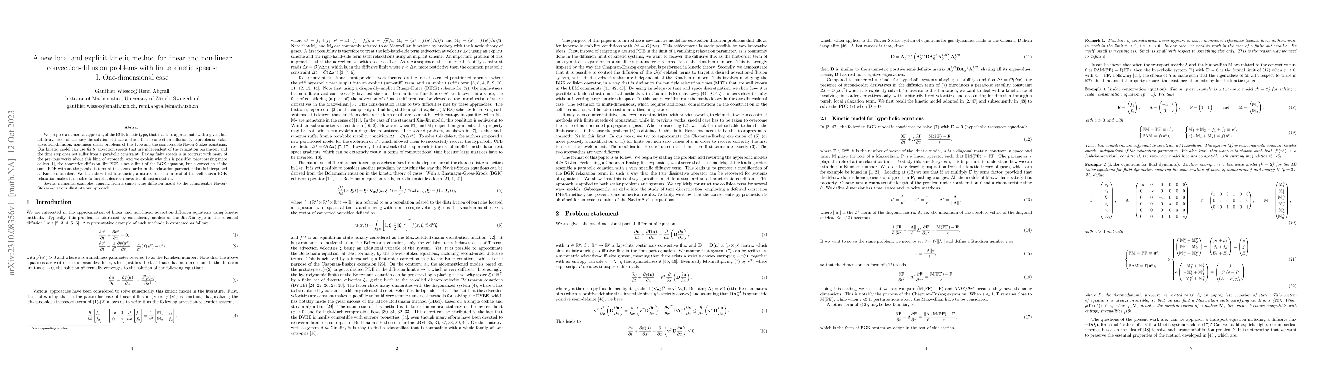 Thumbnail for A new local and explicit kinetic method for linear and non-linear
  convection-diffusion problems with finite kinetic speeds: I. One-dimensional
  case