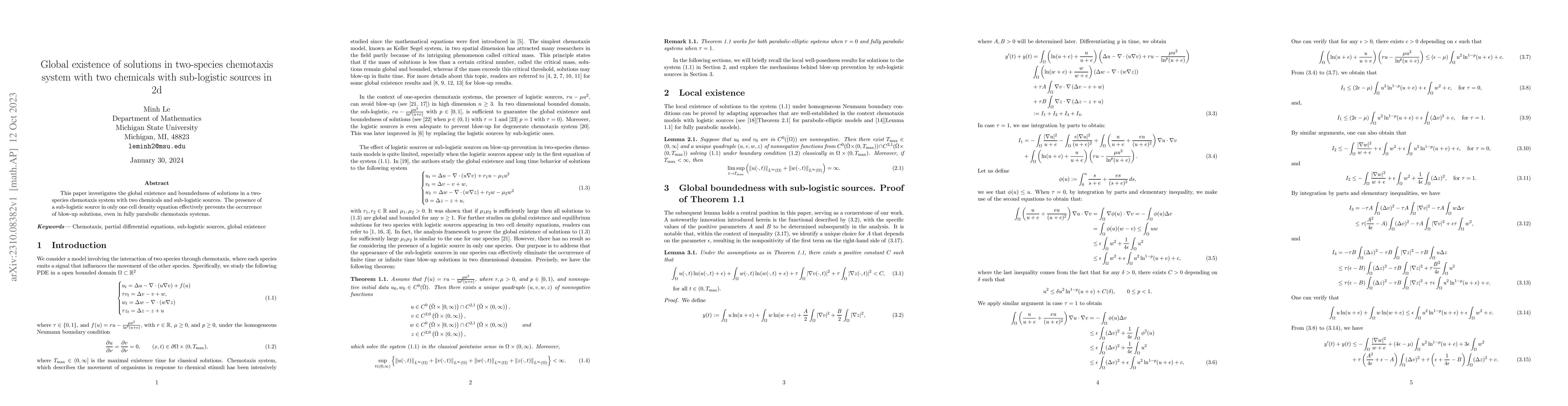 Thumbnail for Global existence of solutions in two-species chemotaxis system with two
  chemicals with sub-logistic sources in 2d