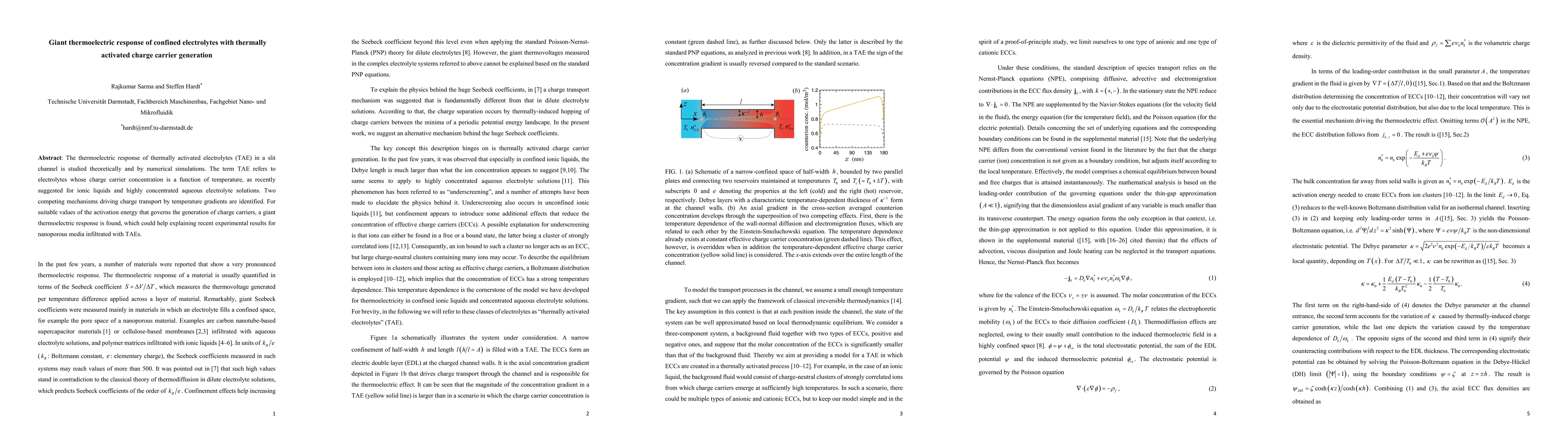 Thumbnail for Giant thermoelectric response of confined electrolytes with thermally
  activated charge carrier generation