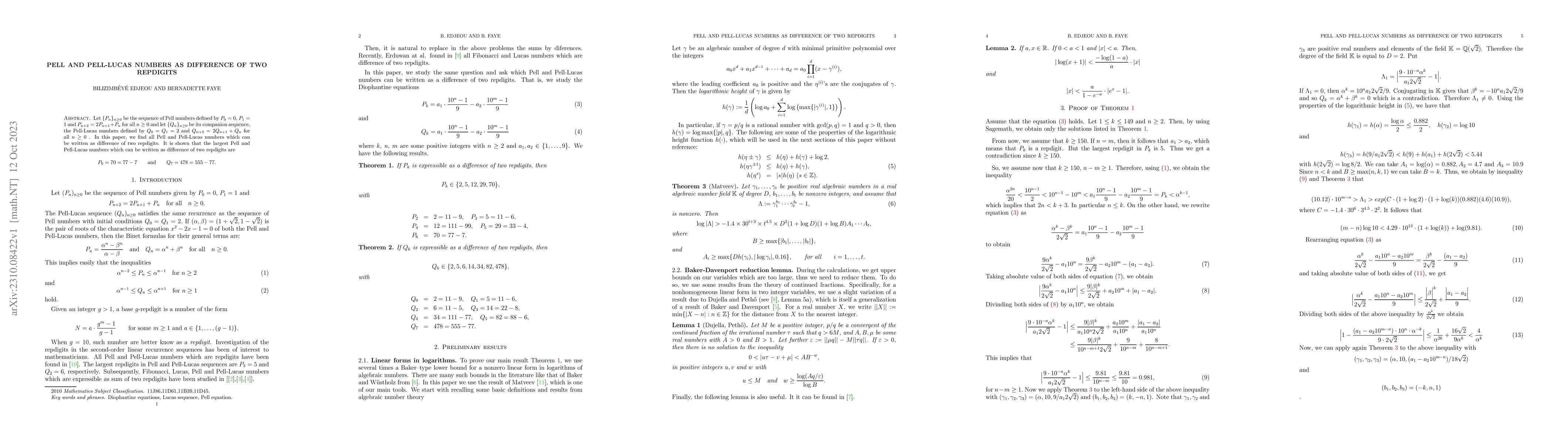Thumbnail for Pell and Pell-Lucas numbers as difference of two repdigits