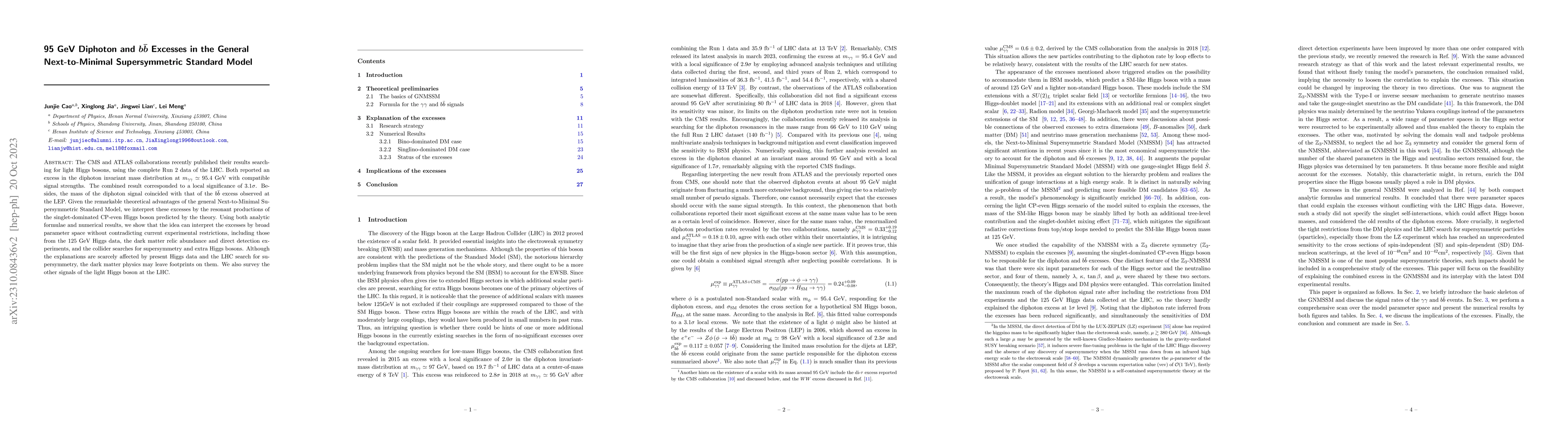Thumbnail for 95 GeV Diphoton and $b \bar{b}$ Excesses in the General Next-to-Minimal
  Supersymmetric Standard Model