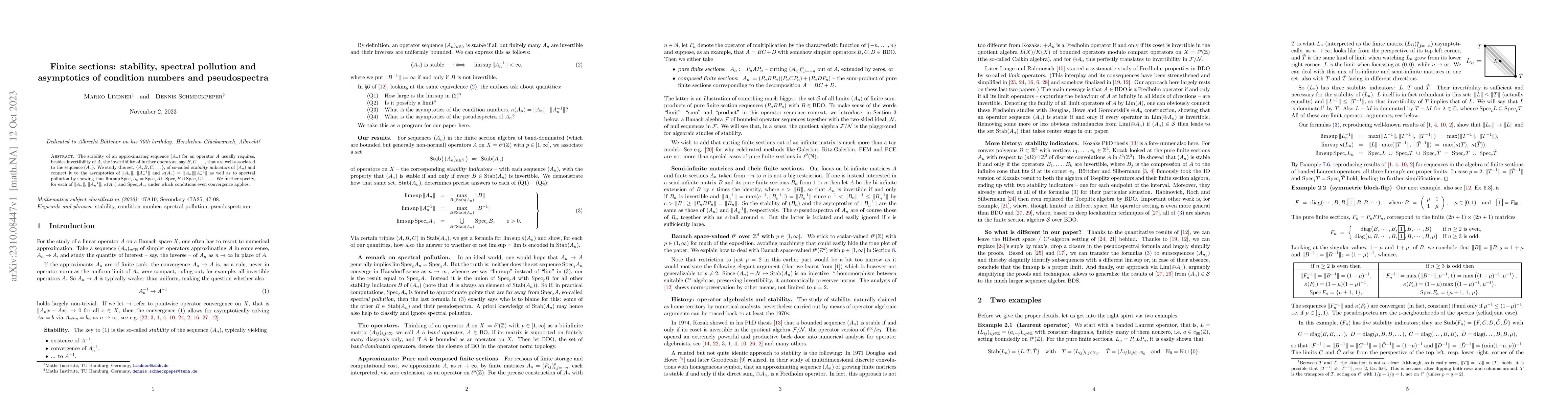 Thumbnail for Finite sections: stability, spectral pollution and asymptotics of
  condition numbers and pseudospectra