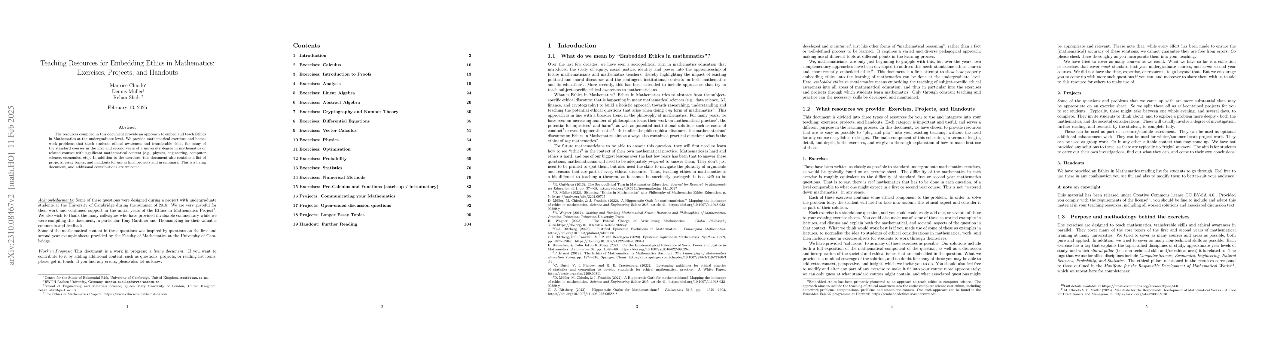 Thumbnail for Teaching Resources for Embedding Ethics in Mathematics: Exercises,
  Projects, and Handouts