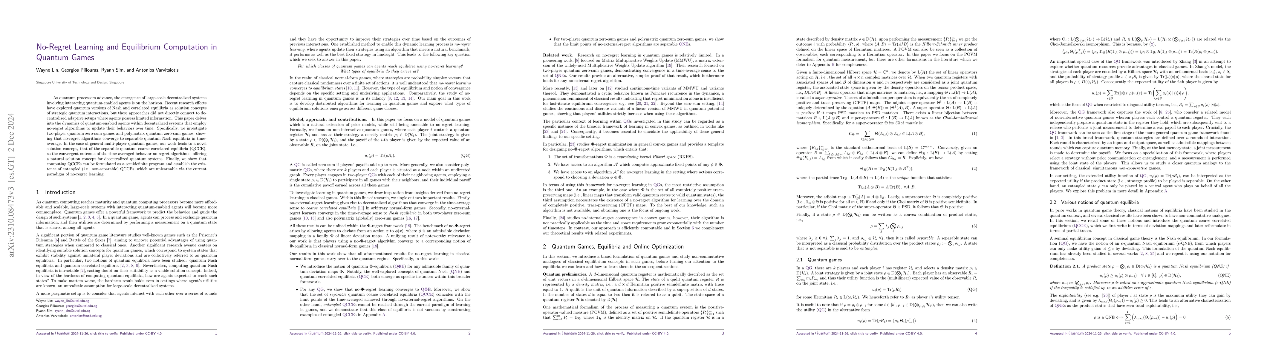 Thumbnail for No-Regret Learning and Equilibrium Computation in Quantum Games
