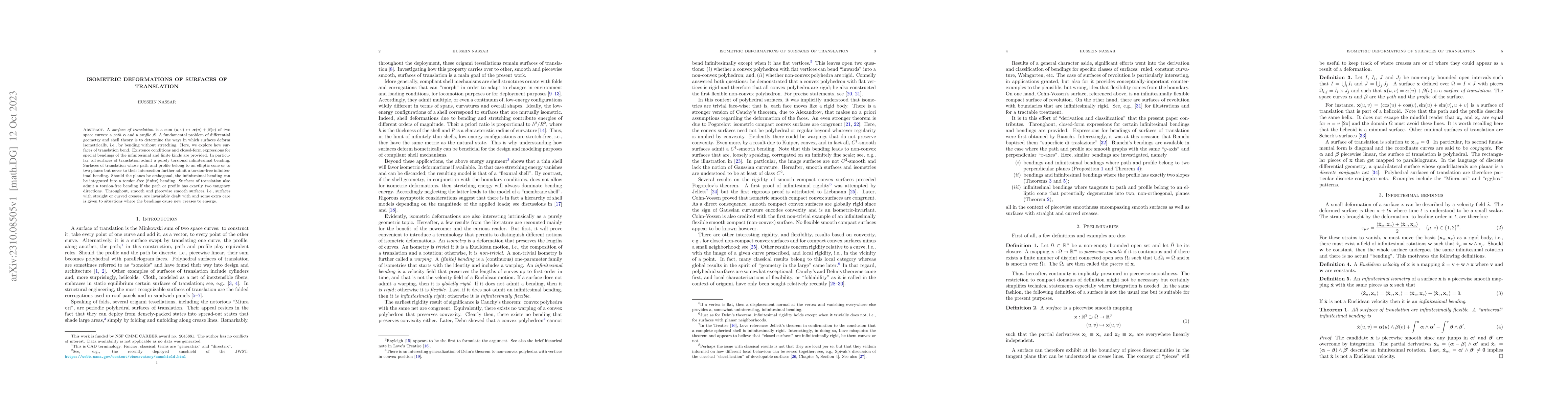 Thumbnail for Isometric deformations of surfaces of translation