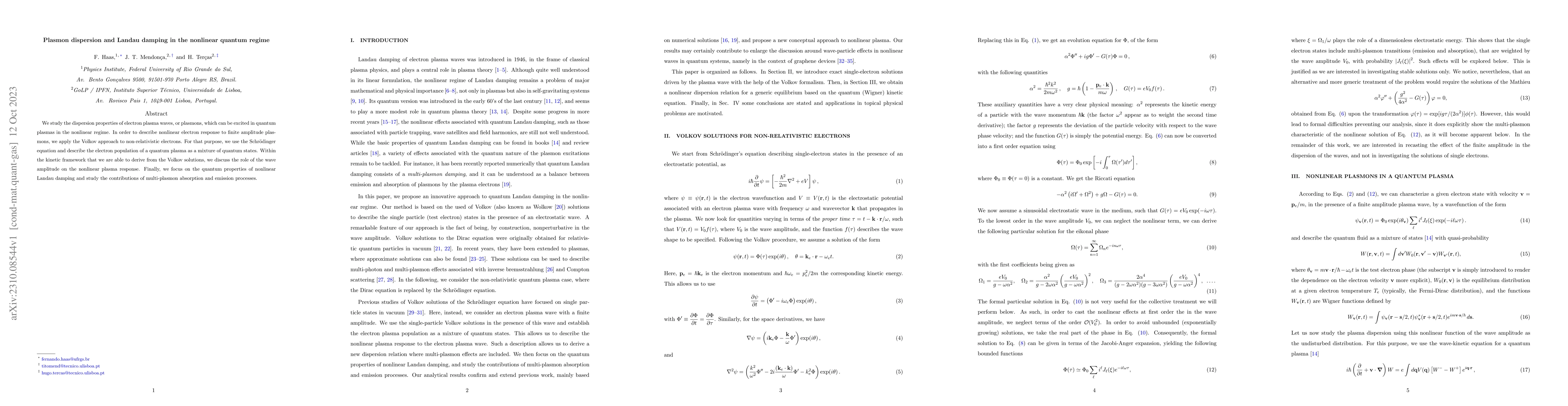 Thumbnail for Plasmon dispersion and Landau damping in the nonlinear quantum regime
