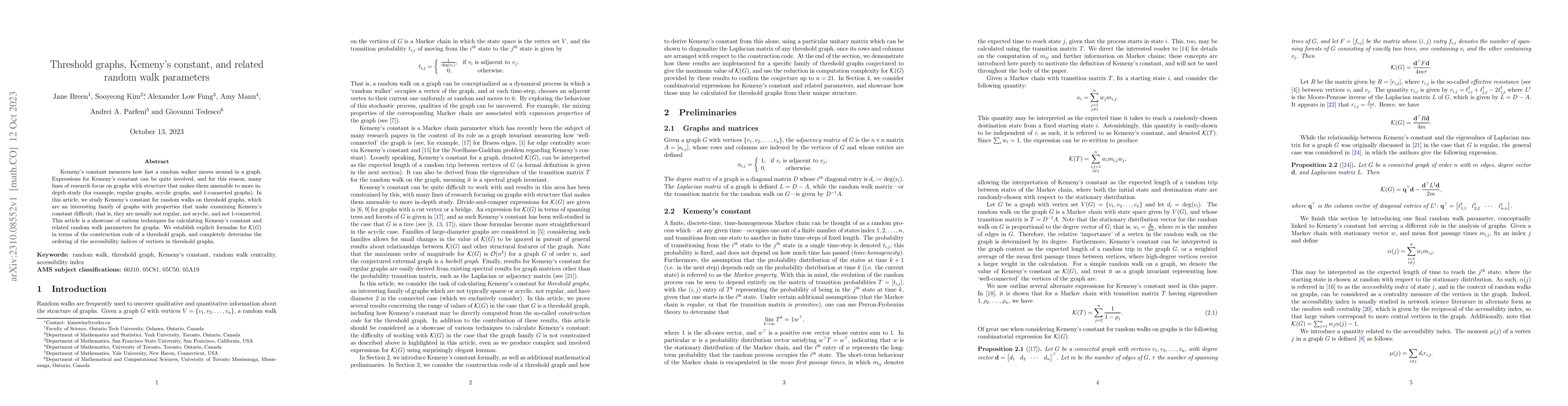 Thumbnail for Threshold graphs, Kemeny's constant, and related random walk parameters