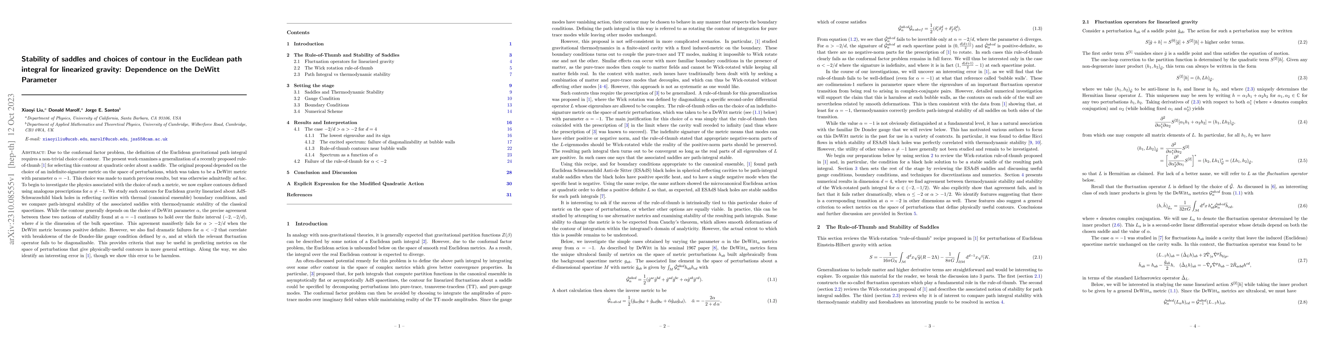 Thumbnail for Stability of saddles and choices of contour in the Euclidean path
  integral for linearized gravity: Dependence on the DeWitt Parameter