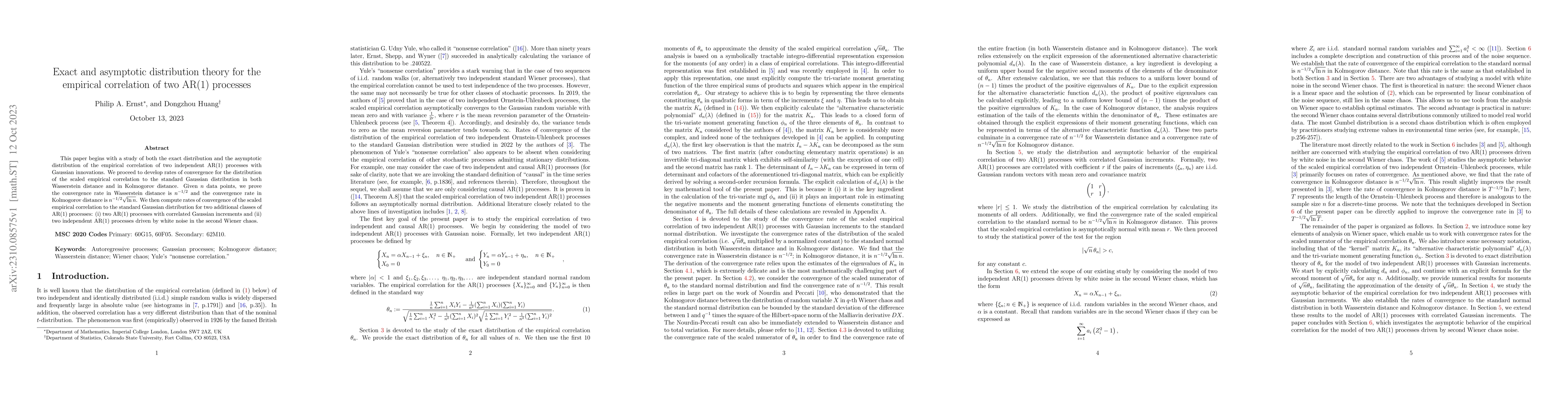 Thumbnail for Exact and asymptotic distribution theory for the empirical correlation
  of two AR(1) processes