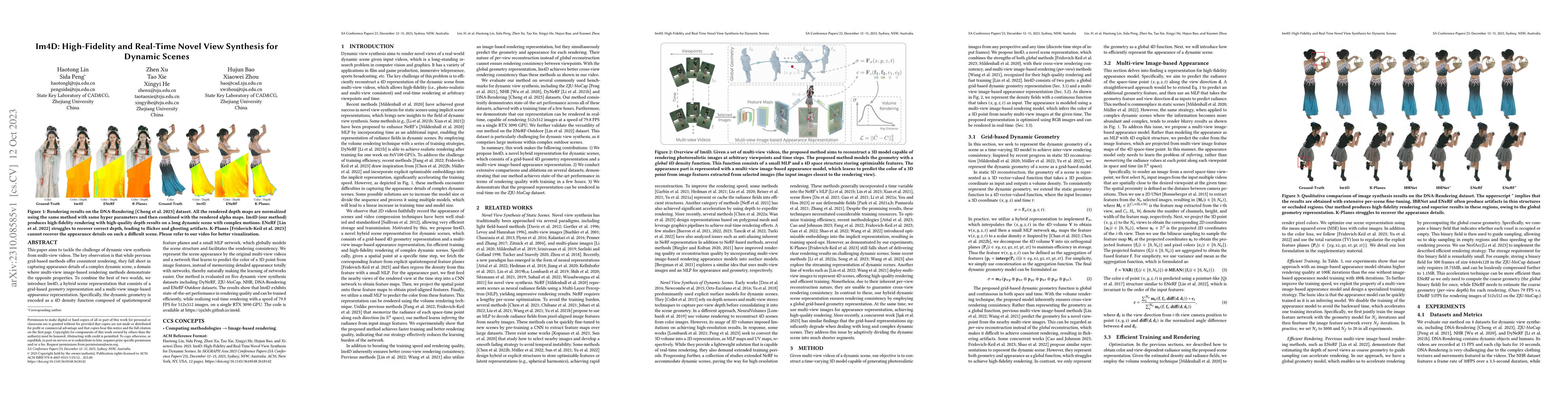 Thumbnail for Im4D: High-Fidelity and Real-Time Novel View Synthesis for Dynamic
  Scenes