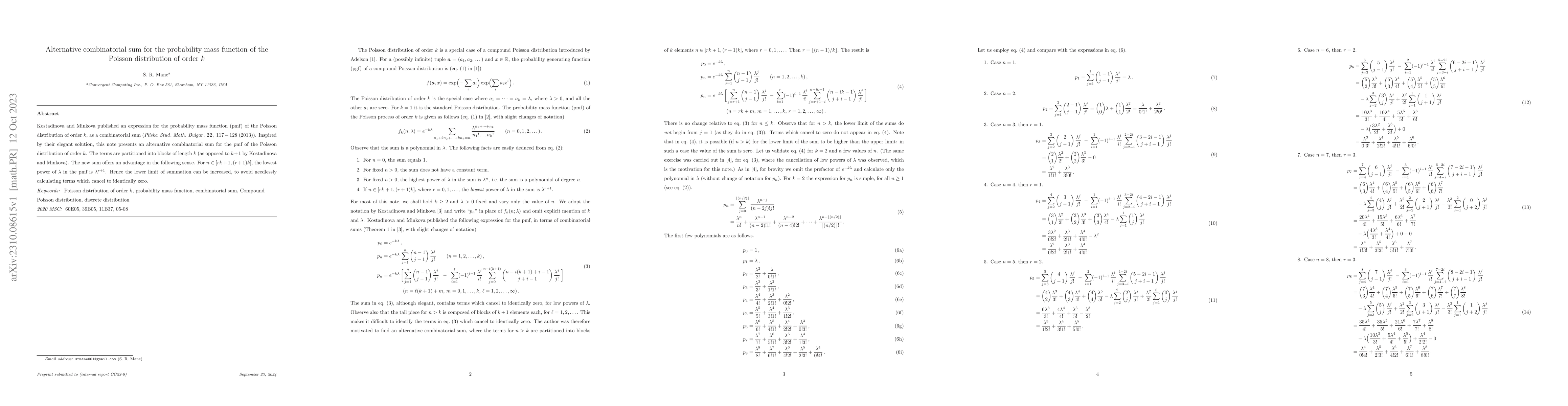 Thumbnail for Alternative combinatorial sum for the probability mass function of the
  Poisson distribution of order $k$