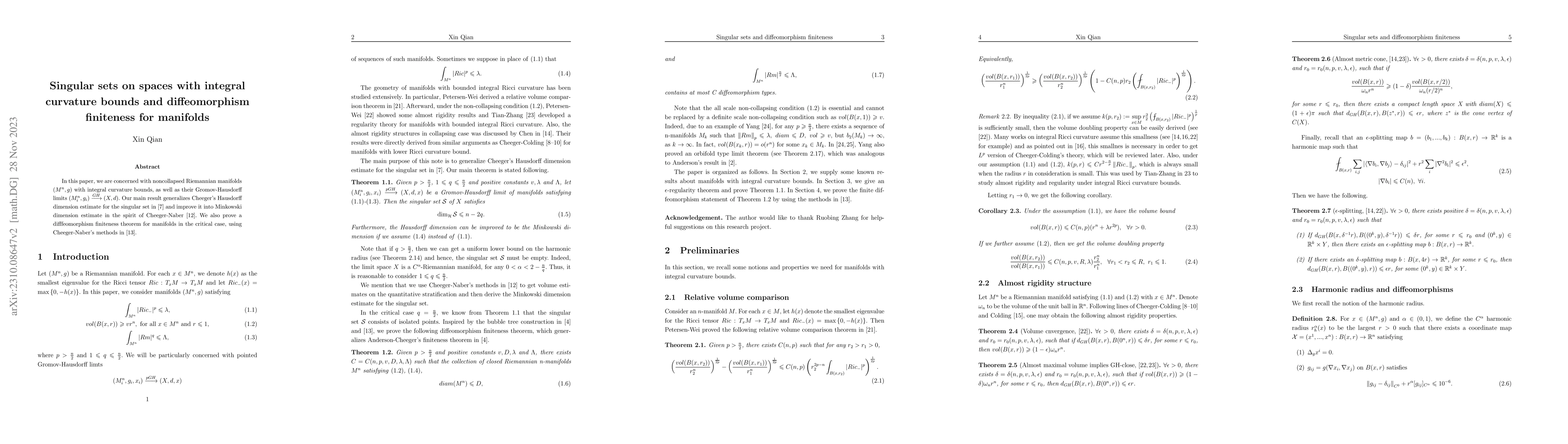 Thumbnail for Singular sets on spaces with integral curvature bounds and
  diffeomorphism finiteness for manifolds