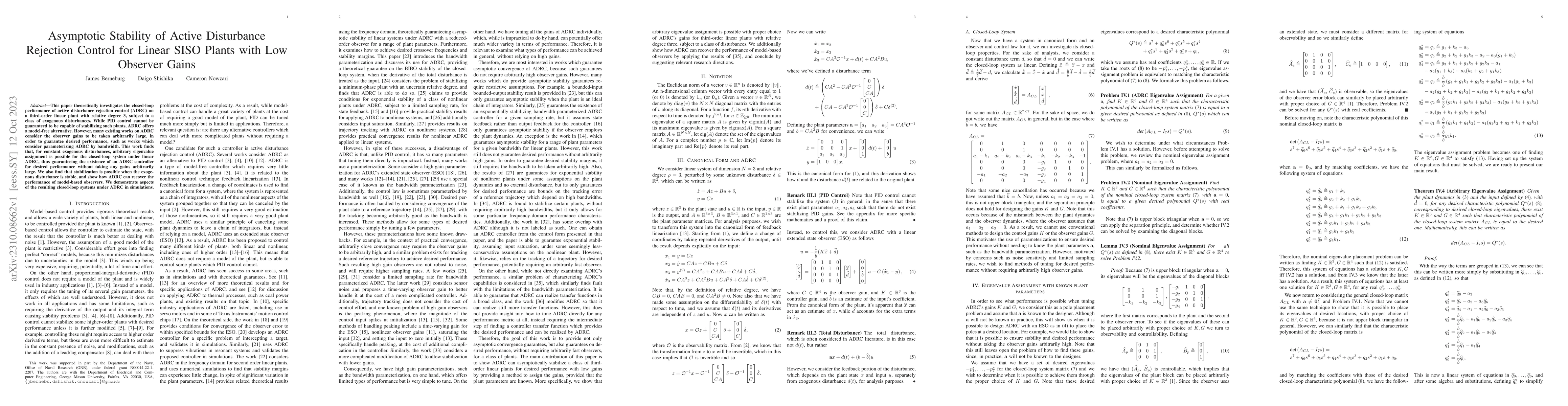 Thumbnail for Asymptotic Stability of Active Disturbance Rejection Control for Linear
  SISO Plants with Low Observer Gains