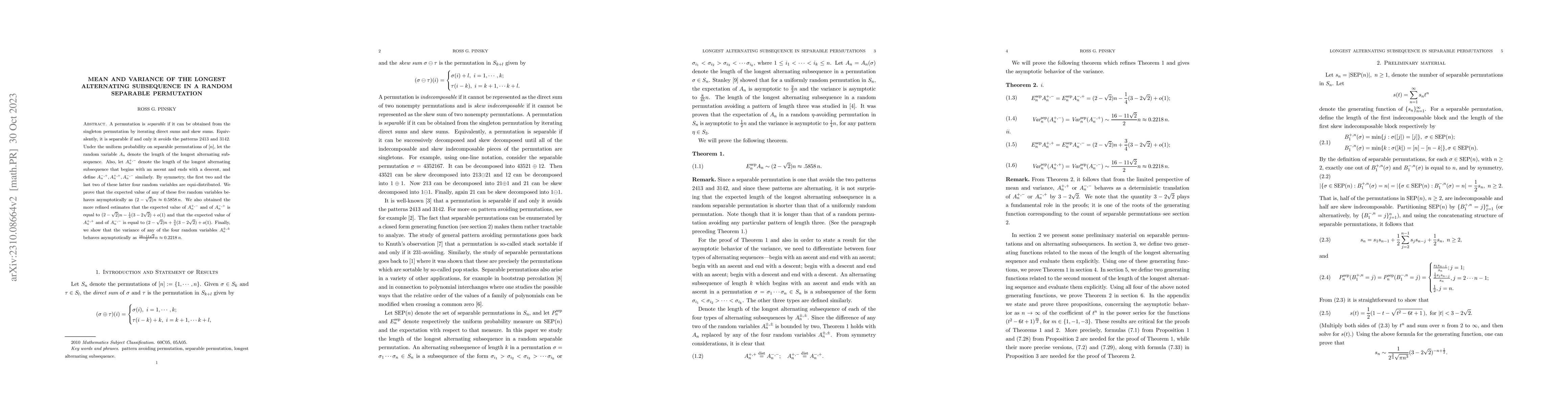 Thumbnail for Mean and variance of the longest alternating subsequence in a random
  separable permutation