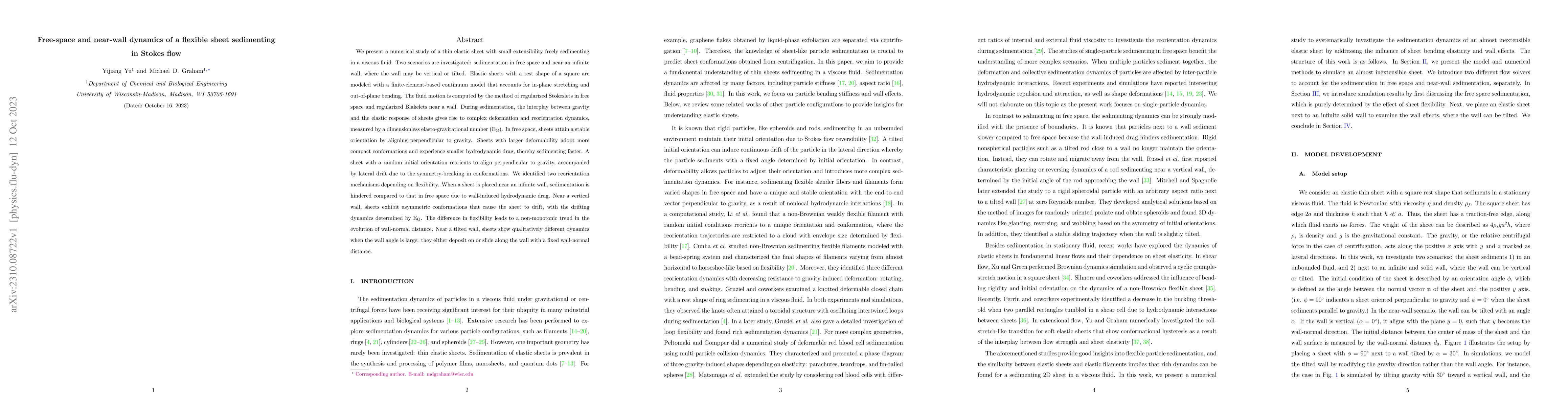 Thumbnail for Free-space and near-wall dynamics of a flexible sheet sedimenting in
  Stokes flow
