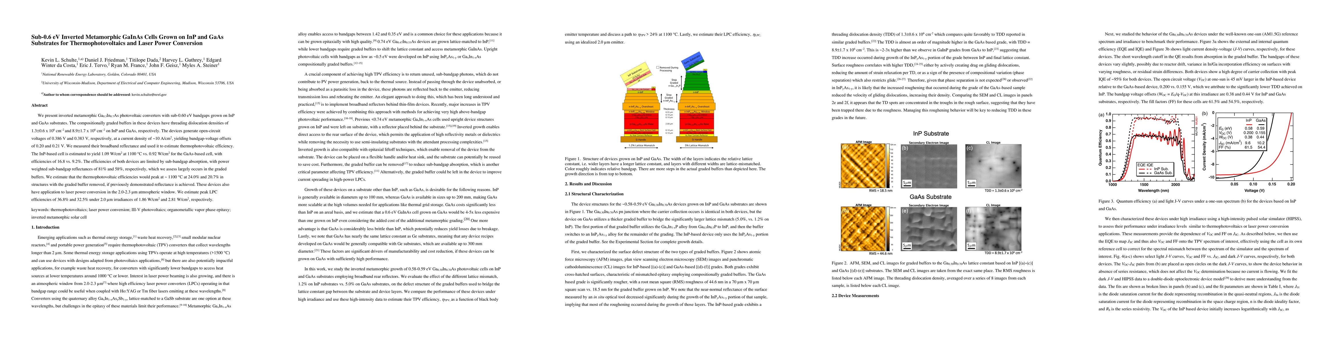 Thumbnail for Sub-0.6 eV Inverted Metamorphic GaInAs Cells Grown on InP and GaAs
  Substrates for Thermophotovoltaics and Laser Power Conversion