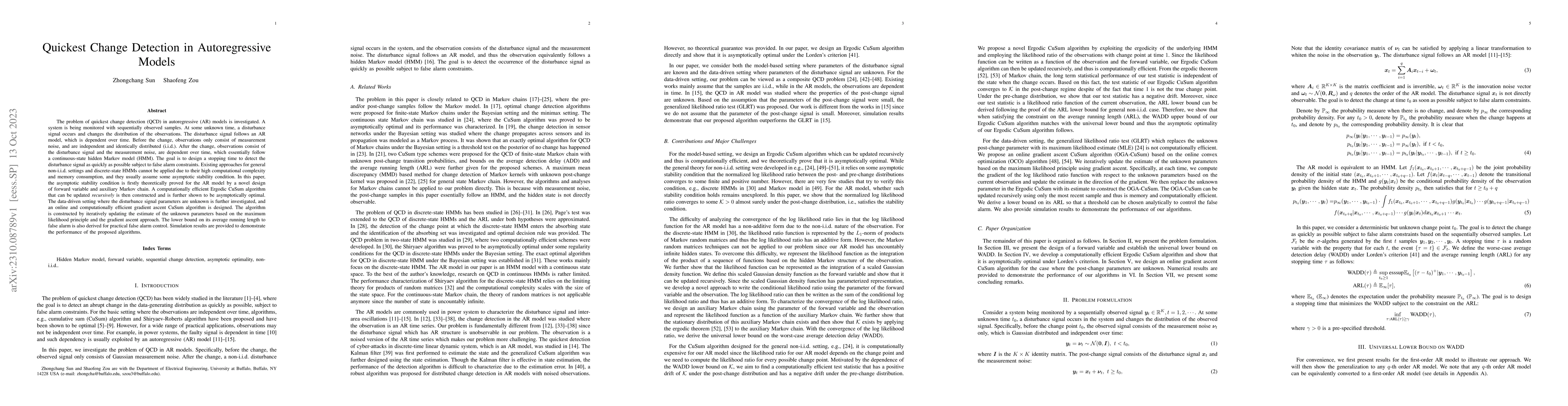Thumbnail for Quickest Change Detection in Autoregressive Models