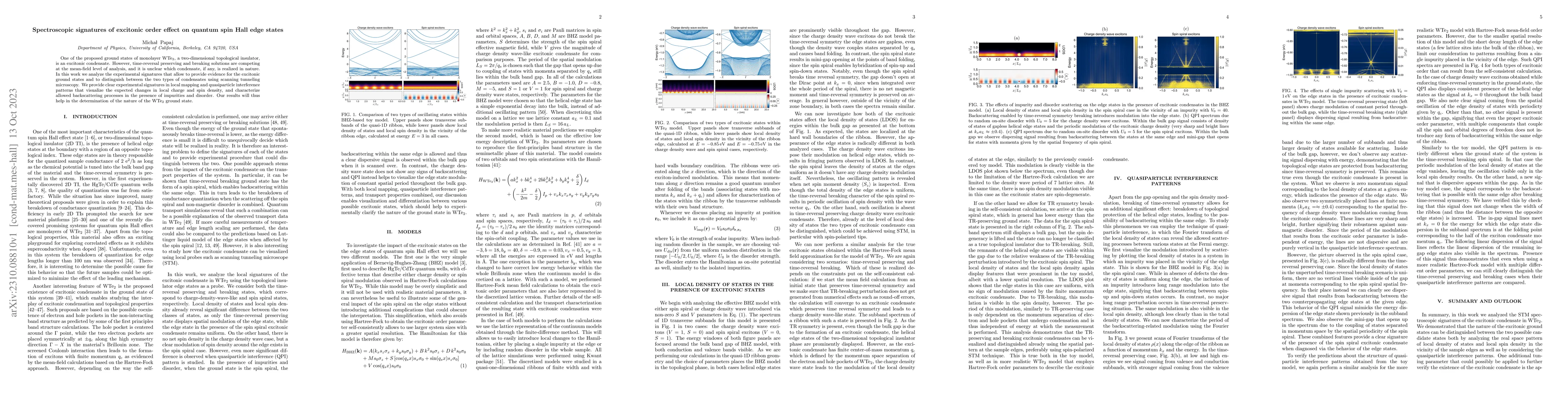 Thumbnail for Spectroscopic signatures of excitonic order effect on quantum spin Hall
  edge states